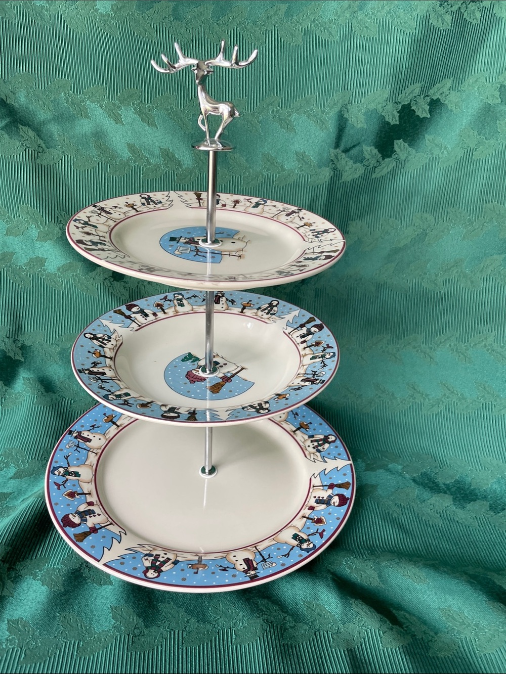 Three-Tier Snowman Serving Stand with Silver Deer Finial